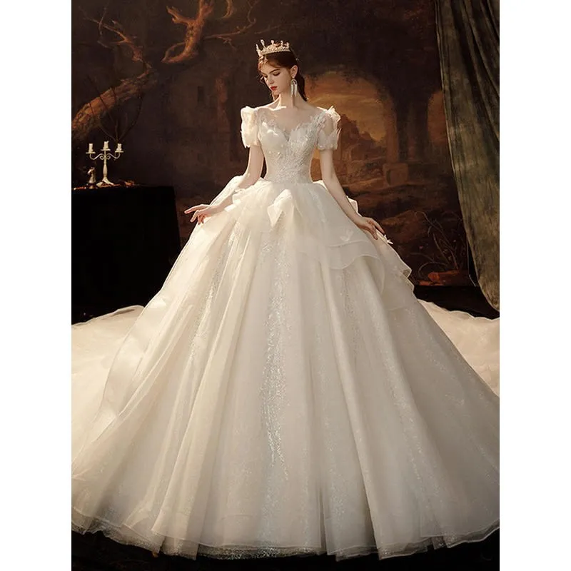 

Elegant A-Line Tailing Wedding Dress Bride French Short Sleeve Dresses Princess Wedding Gowns