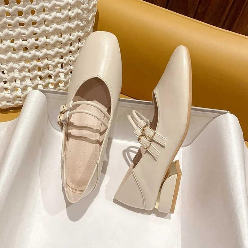 

Elegant Double Buckle Low Heel Shoes for Women Round Toe Pu Leather Pumps Woman 2021 Beige Shallow Office Lady Work Shoes
