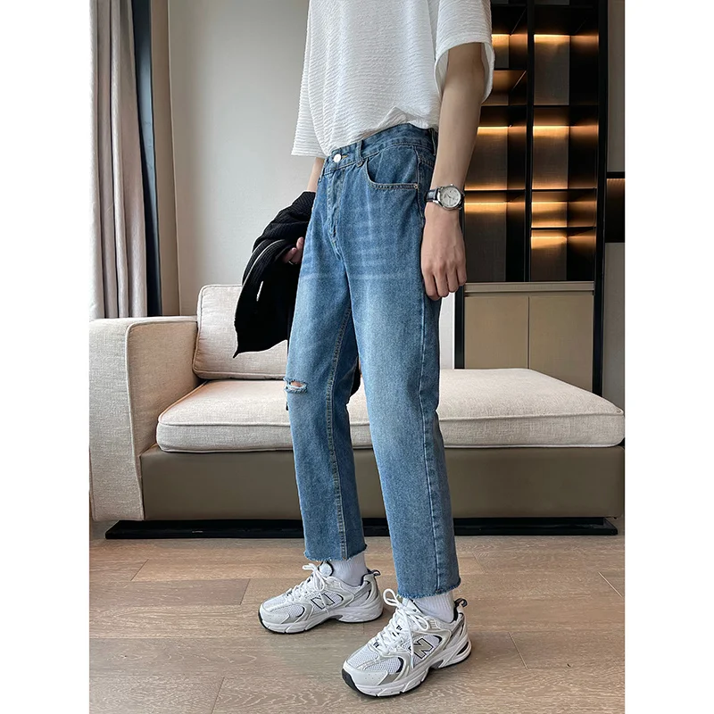 Summer Blue Black Jeans Men Slim Fit Fashion Casual Hole Straight Jeans Men Korean Perforated Denim Pants Mens Trousers M-2XL