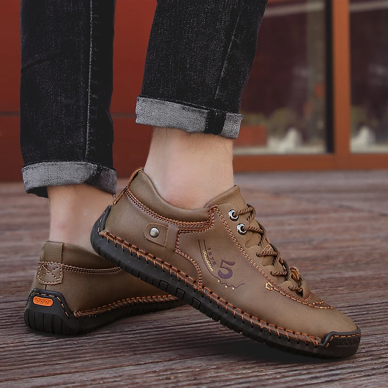 Men's Casual Shoes PU Leather Walking Shoes Fashion Women Lace Up Loafers Hand Sewing Driving Shoes Plus Size