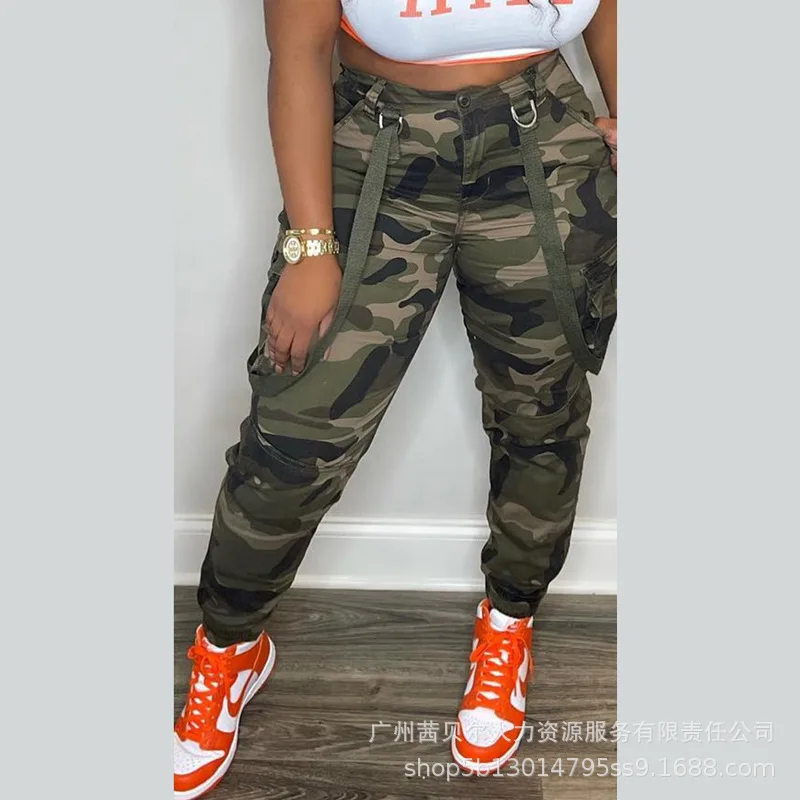 Women Cargo Pants Trousers Spring Summer Pocket Stitching Camouflage Printing Pants Women's Strap Cargo High Waist Pencil Pants