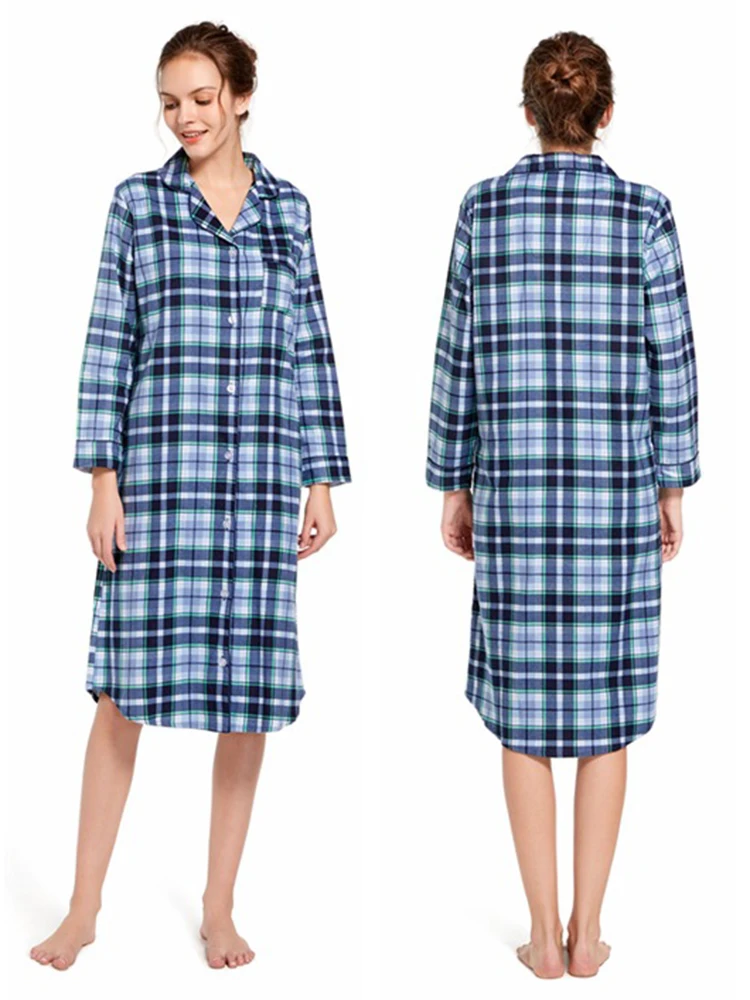 Autumn Women's Check Nightwear Length To The Shank Polyester Comfortable Slim Fitting Turn-Down Collar Leisure Wear