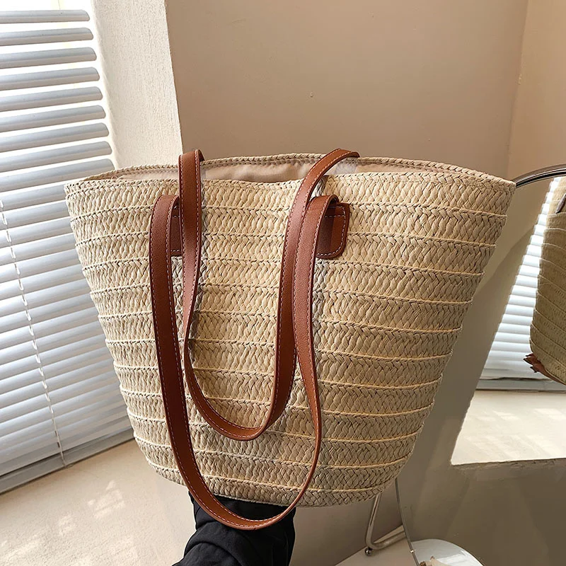 

Women Braided Basket Clutches Top-handle Bags Large Straw Portable Shoulder Bag Summer Beach Party Purses Shopper Satchel Female