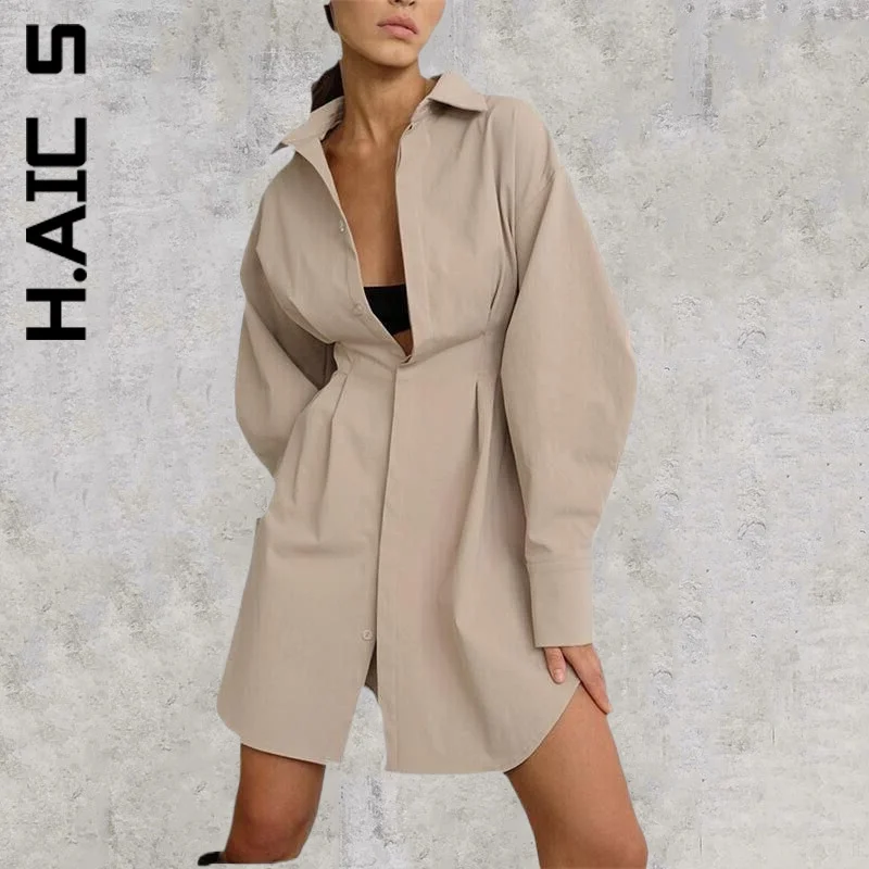 

H.Aic S New Women Dress Slim Long Sleeve Pleated Shirt Dress Stylish Popular Temperament Female Woman Clothes Vestidos