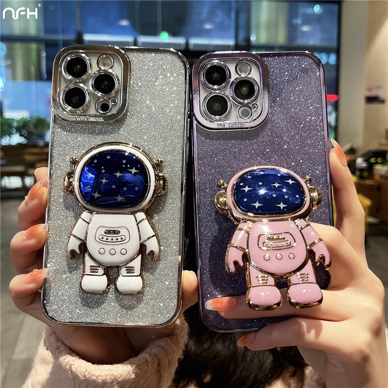 

For iPhone 14 Pro Max Luxury Square Plating Flash Glitter Star Astronaut Holder Phone Case On 11 12 13 Mini Xr Xs 7 8 Plus Cover