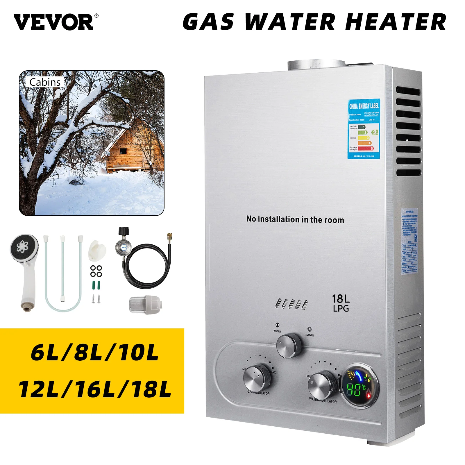 

VEVOR 6L/8L/10L/12L/16L/18L LPG Propane Gas Instant Hot Water Heater Boiler Outdoor Stainless Steel