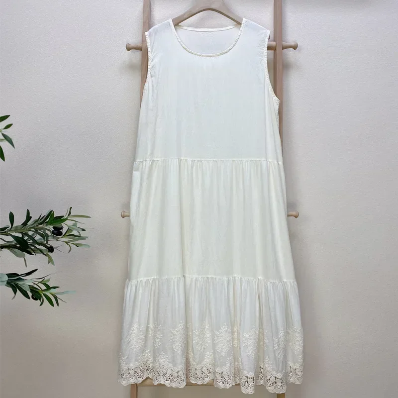 100% хлопок милое платье миди без рукавов с цветочной вышивкой и свободной талией