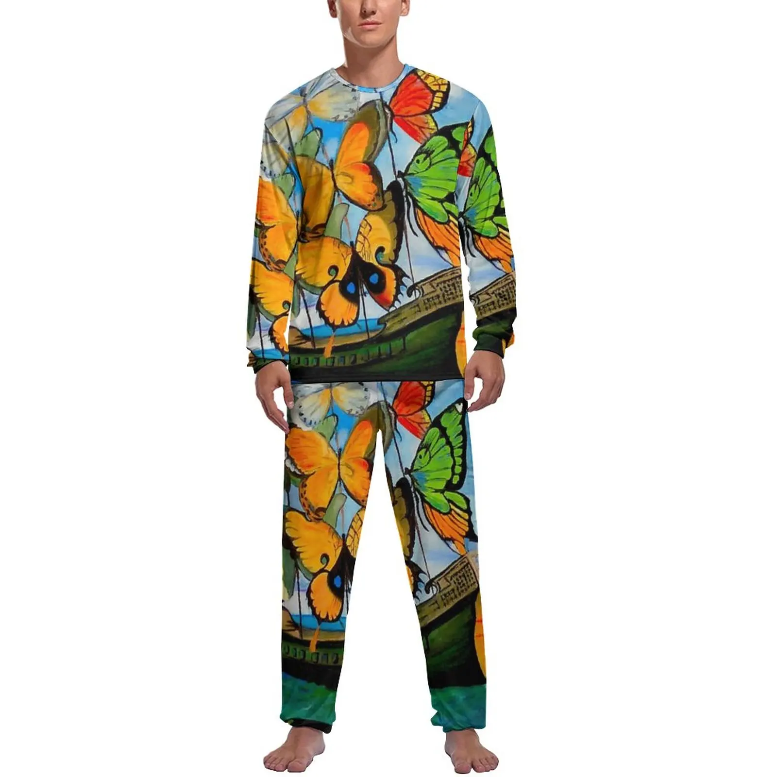 Butterfly Ship Pajamas Men Abstract Painting Print Fashion Sleepwear Autumn Long-Sleeve 2 Piece Aesthetic Printed Pajama Sets