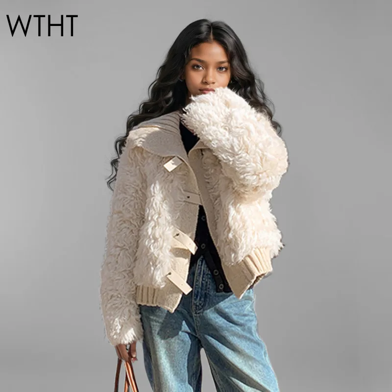 WTHT модное женское лоскутное шерстяное пальто из искусственного меха 2024 зимняя