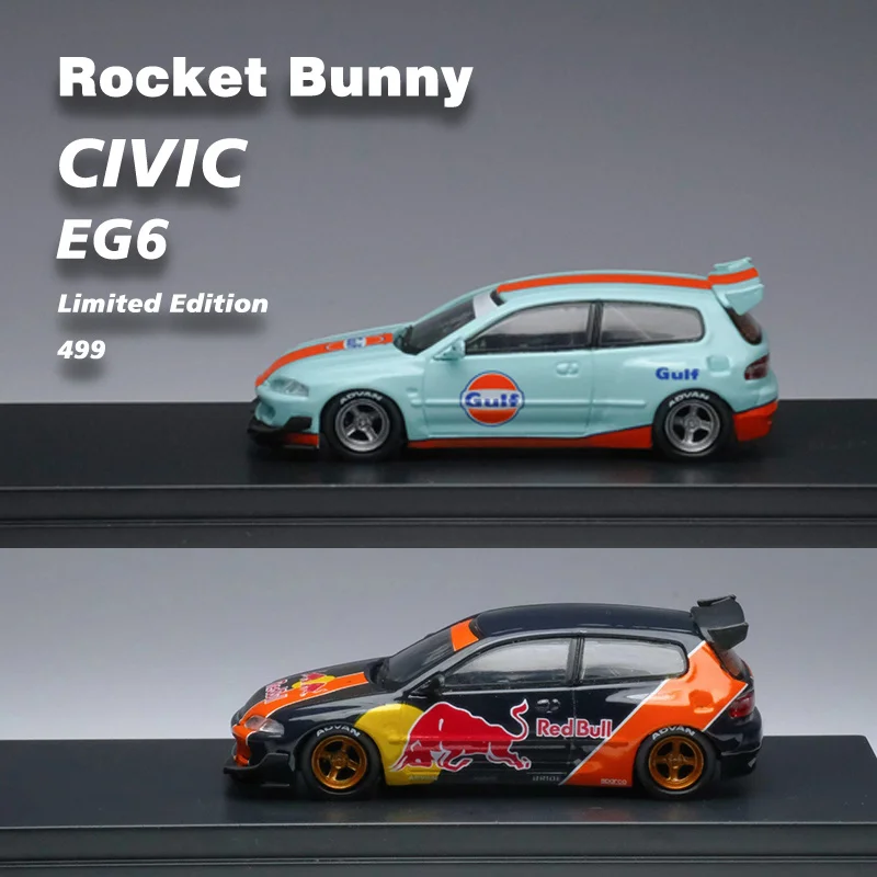 

1:64 BULL Painting CIVIC EG6 Pandem Rocket Bunny GULF Model Car Collection Limited Edition Alloy Diorama Miniature Carros Toys
