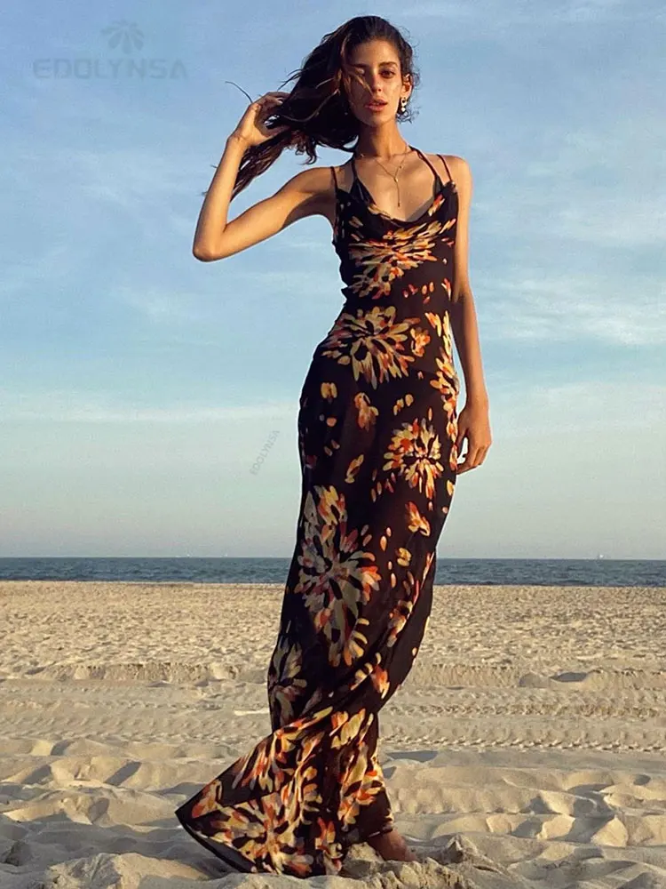 

2023 Sexy Boho Printed Slip Dress Women Summer Clothes Elegant Spaghetti Straped Side Split Open Back Maxi Dress Sundress A1154