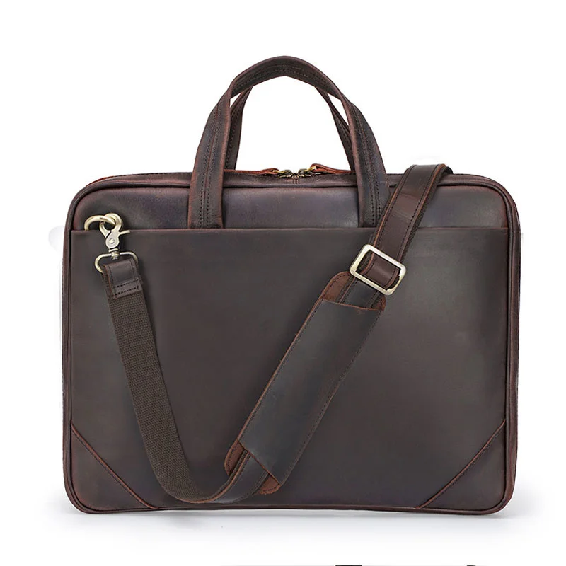 Newsbirds Vintage Style Thick Leather Briefcase 15.6 Inch Laptop Handbags Men Male Work Totes Business Bags Lightweight 40cm