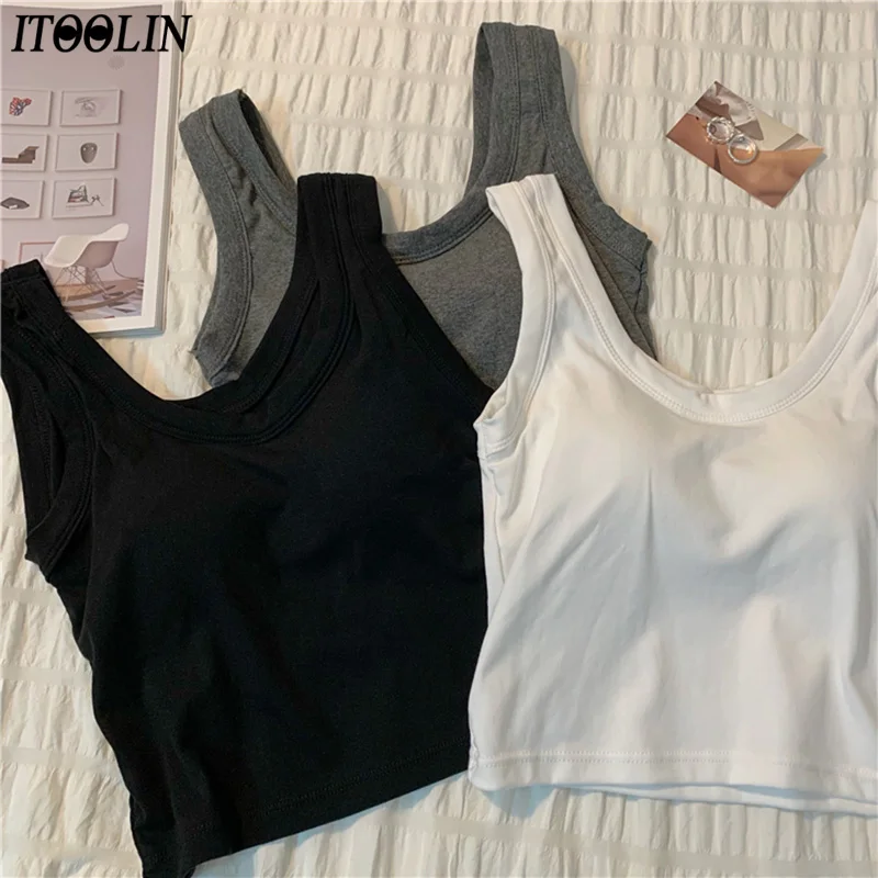 

Женские хлопковые однотонные майки ITOOLIN с бюстгальтером, милые укороченные топы, трикотажная кофта с открытыми плечами для женщин, тонкие спортивные топы