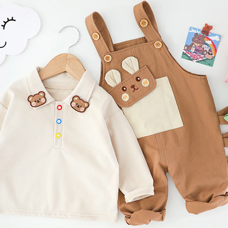Cute Rabbit Overalls Girls Clothing Two-piece set + Baby Girl clothes Autumn Short-Sleeve Denim Overalls Suit Solid Color Shirt