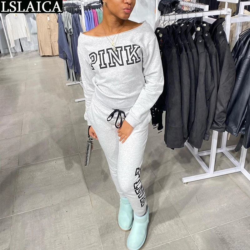 

2 Piece Set Letter Printing Drawstring Loungewear Women Elastic Waist Fashion O Neck New Fitness Tracksuit Roupas Femininas