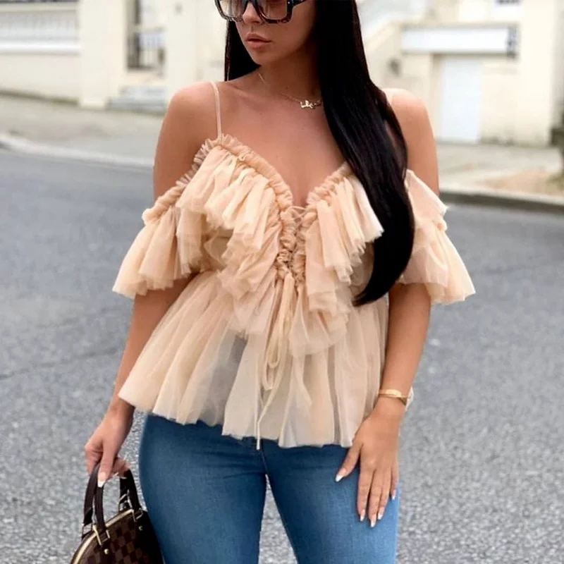 

V-neck Mesh Lace Up Sexy Blouse Summer Women Ruffle Elegant Long-sleeve Top See Through Casual Shirt Clothing Blusa 22340