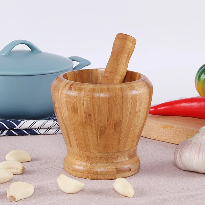 

1Set Garlic Masher Home Kitchen Bamboo Artifact Garlic Press Pot Pedestal Bowl Masher Grinder Spice Crusher Kitchen Tool