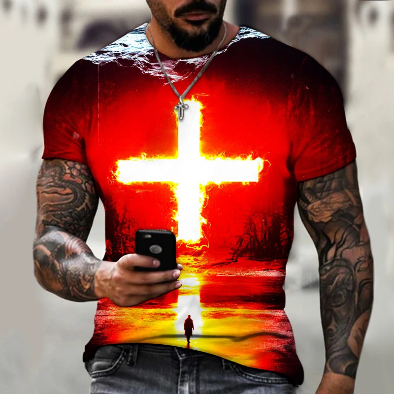 

Vintage Jesus Christ T Shirt For Men 3d God Religion Print Crucifix Men's T Shirt Oversized Short Sleeve Jesus Top Tee Shirt Men