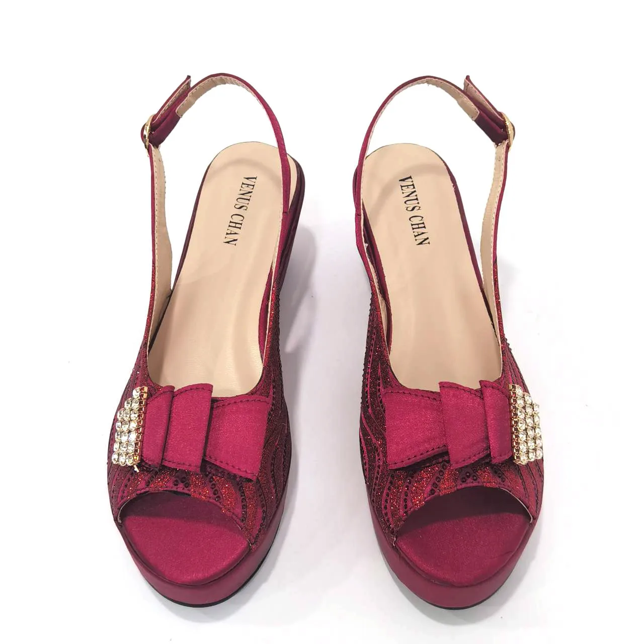 Venus Chan 2023 Elegant Chunky Wedges High Heels for Ladies Wine Color Rhinestone Striped Shiny PatchBag and Shoes Matching Set