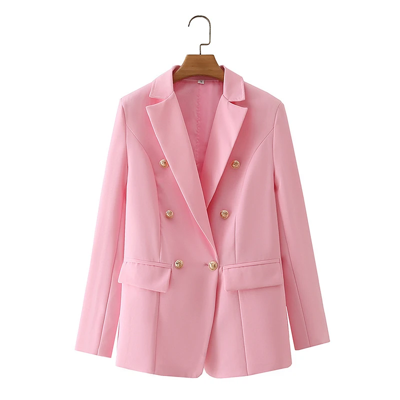 

Pink Textured Blazer Spring Autumn Long Sleeve Double Breasted Women Straight Suit Jacket Office Lady Notched Coats Fashion