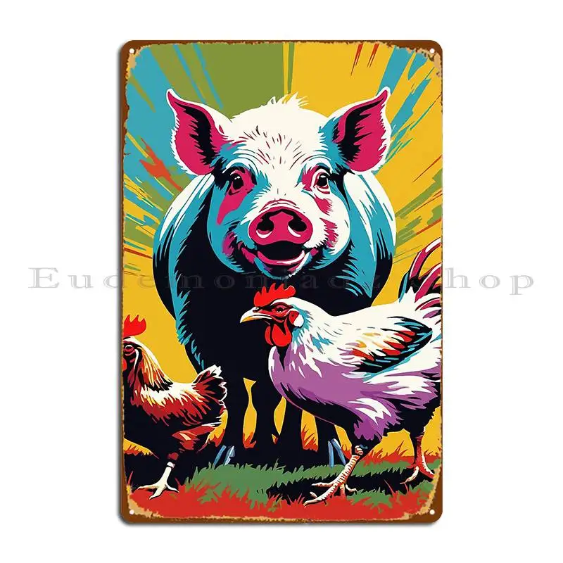 Металлическая табличка The Mischievous Pig And Chicken S Commotion