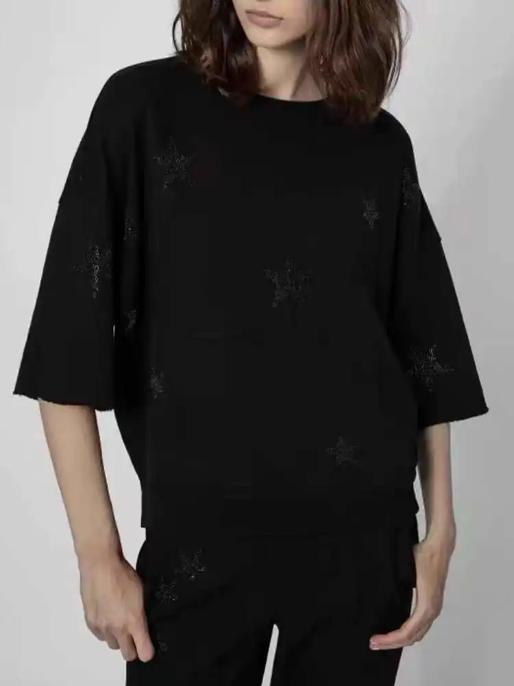 

2023 Summer New Women Tops Round Neck Pullover Half Sleeve Casual Knitwear