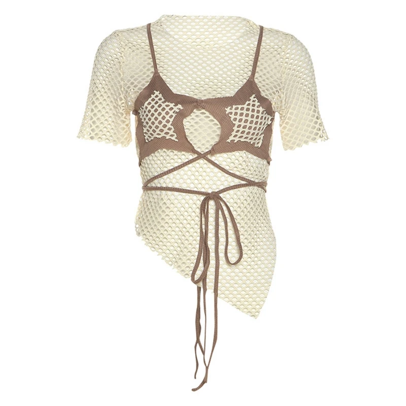 

Summer Mesh Tee Shirt Contrast Color Strappy Women Short Sleeve Slim Crop Top