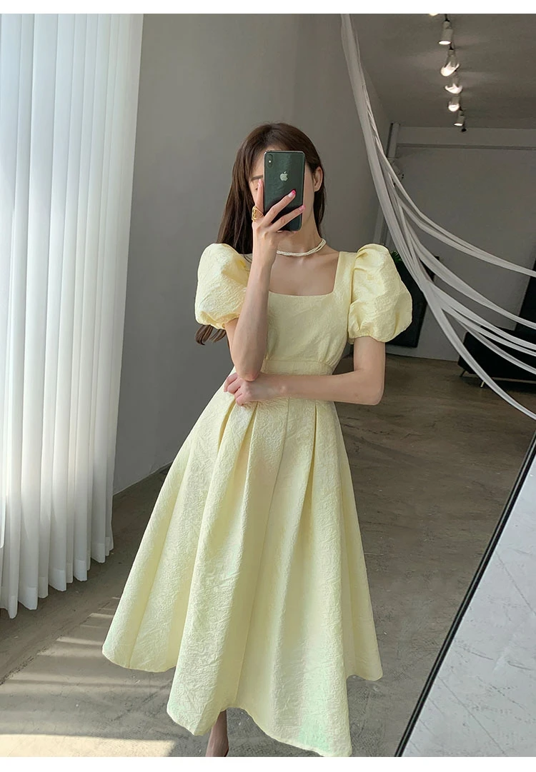 

Женское длинное платье с квадратным вырезом BULOCHOVA, повседневное элегантное желтое приталенное платье с короткими рукавами-фонариками, лето