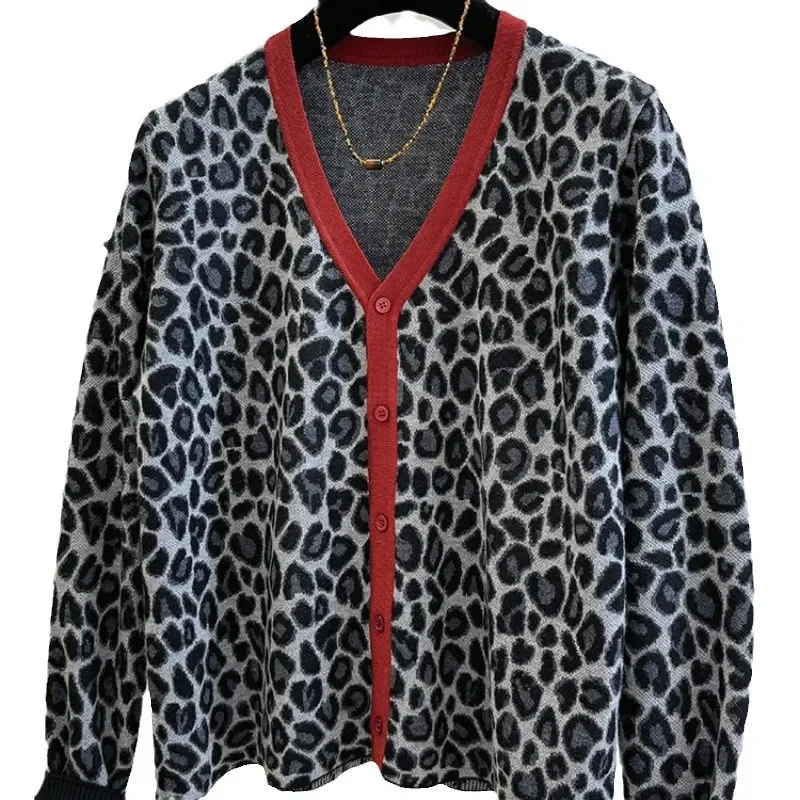 Высококачественный винтажный леопардовый свитер без шнуровки женский вязаный