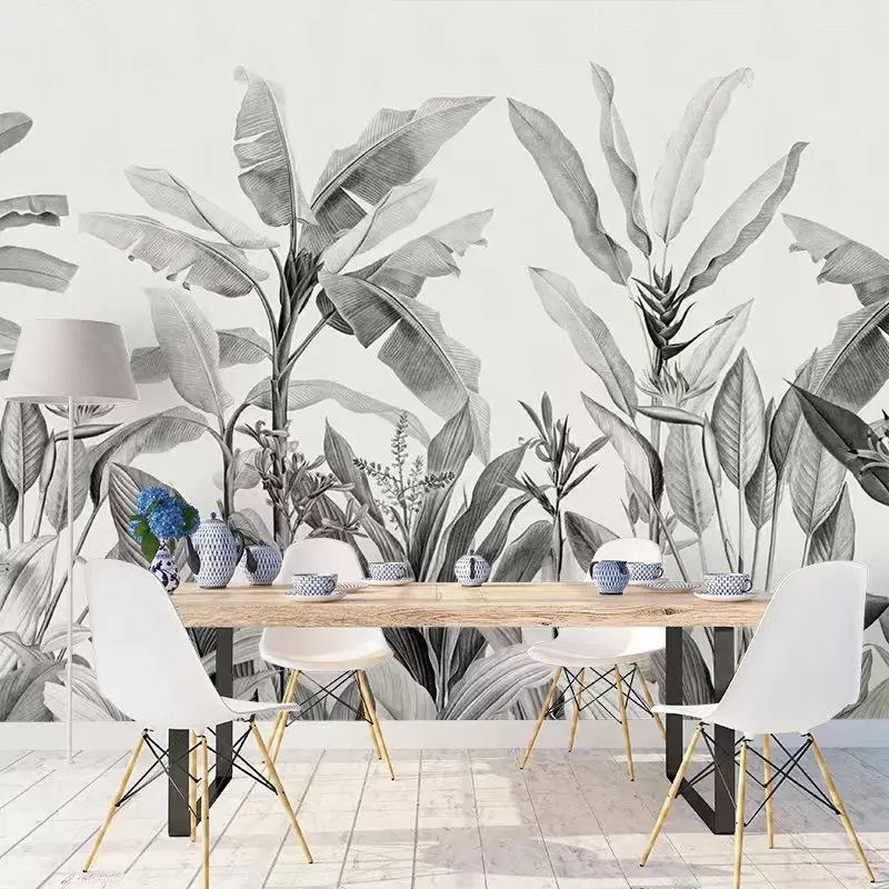 

Bacal Grayscale Botanical Banana Leaf Wallpaper Mural for Bedroom Background Office Minimal Decor 3D Tropical Plant Stickers