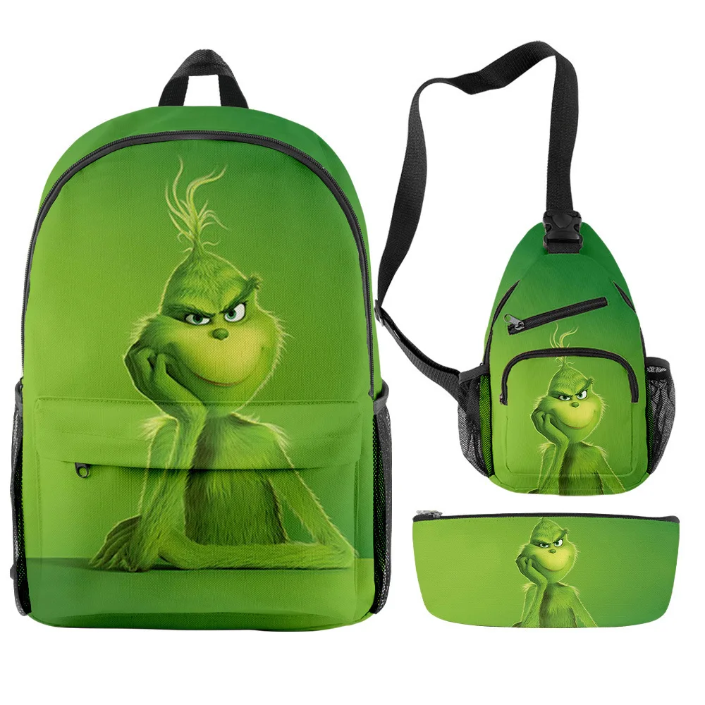 Harajuku Green Haired Grinch Youthful 3pcs/Set Backpack 3D Student Bookbag Laptop Daypack Backpacks Chest Bags Pencil Case