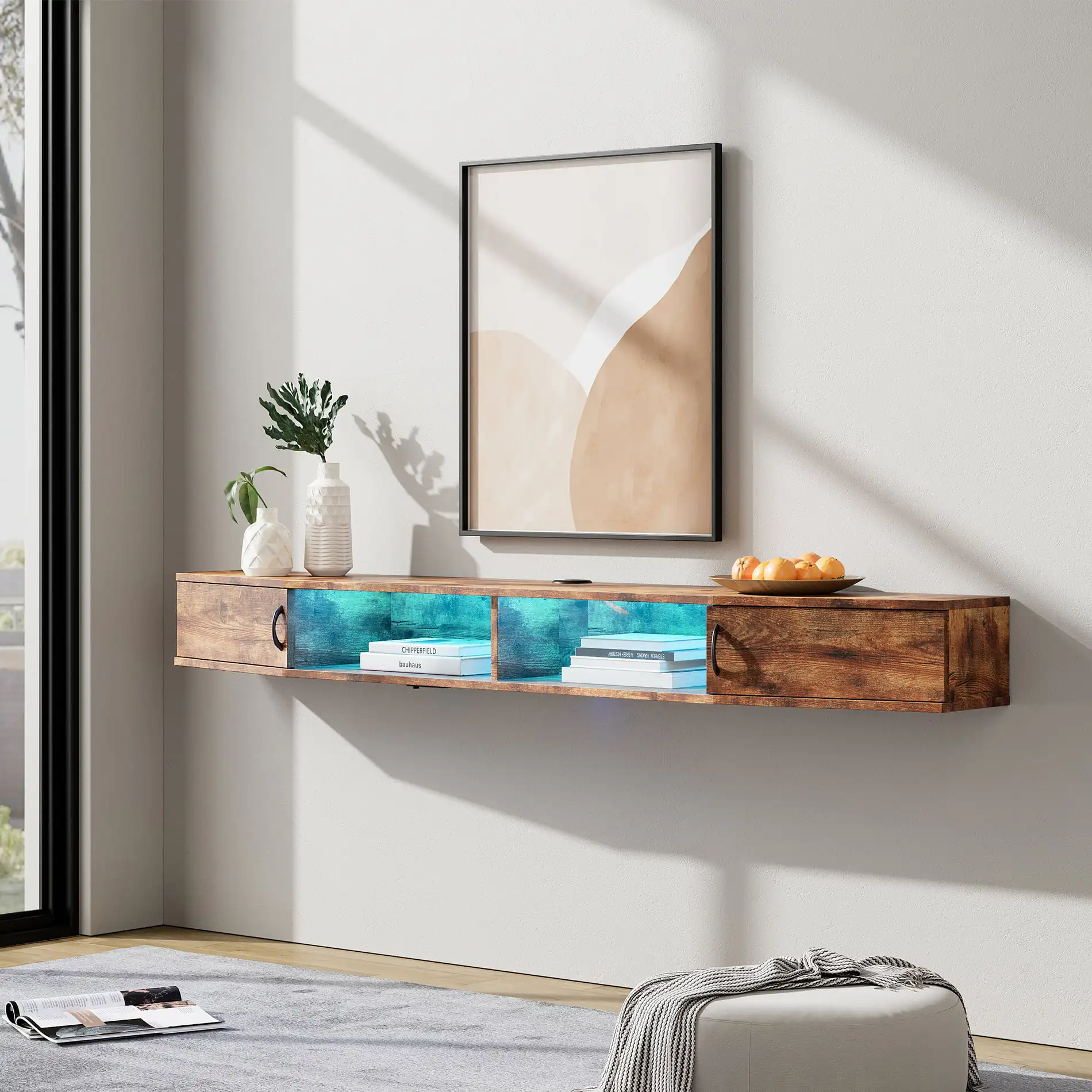 

70 Inch Floating TV Stand with Storage Cabinet for TVs up to 80 inch,Rustic Brown&16 Colors Lights