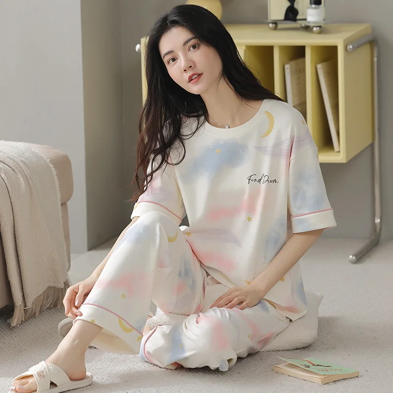 Pajamas for Women Summer Thin Cotton Short-sleeved Trousers Two-piece Suit Round Neck Cute Style Can Be Worn Outside Loungewear