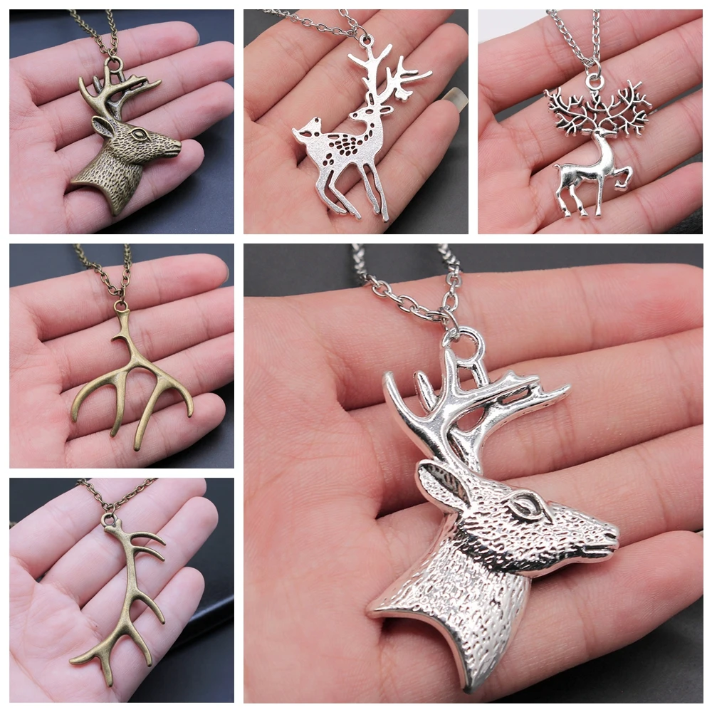 

Vintage Big Deer Elk Antlers Pendant Long Chain Necklace For Women Costume Jewellery Necklace