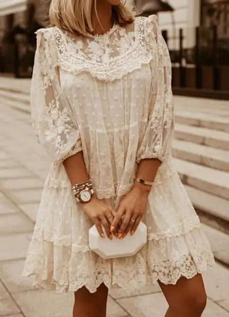 

Women's Dresses 2023 Spring Summer Fashion New Solid Lace Patch Casual Elegant Loose Mid Dress