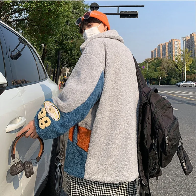 Men's Fashion Color Matching Faux Lamb Plush Cotton Jacket Ins Loose Casual Thickened Stand-up Collar  Winter Jacket Men