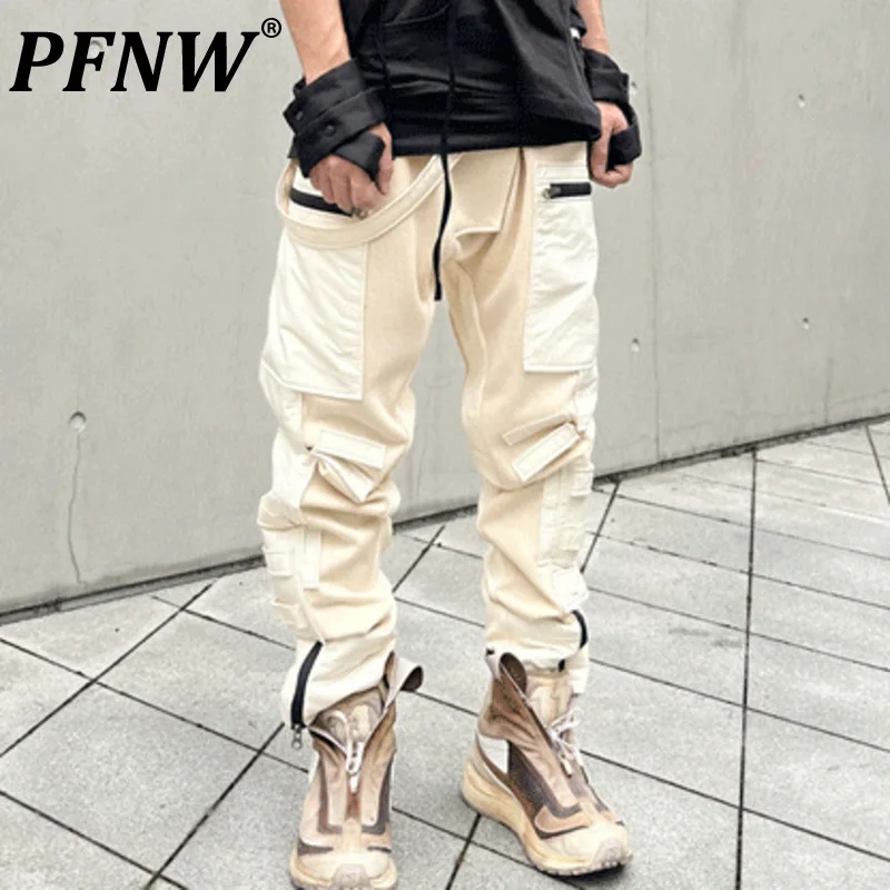 PFNW Autumn Men's Asymmetric Strap Sports Cargo Pants High Street Elastic Waist Functional Tactical Handsome Sweatpants 12Z1875