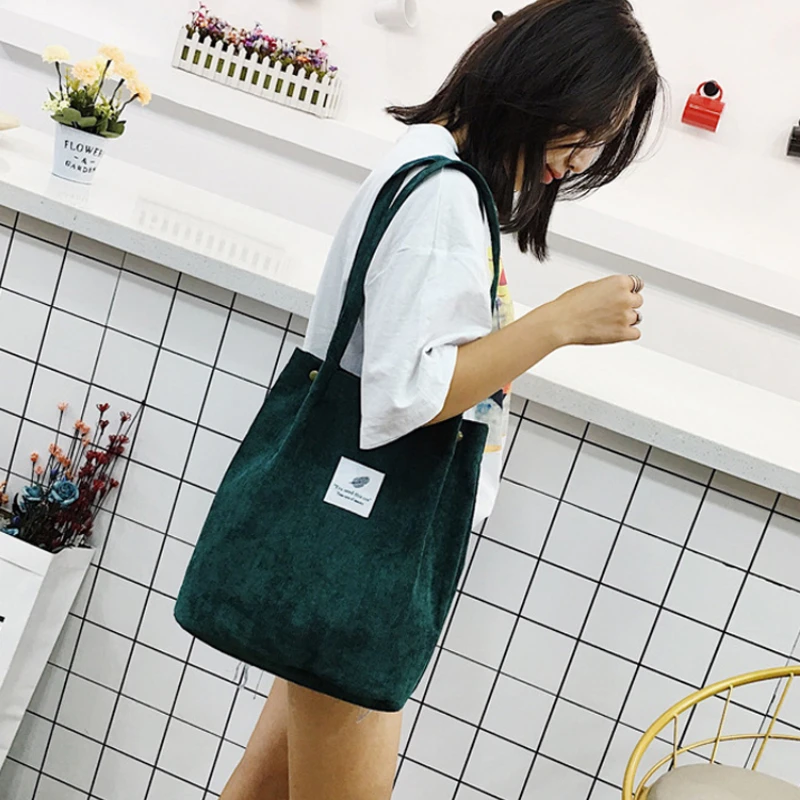 

Women Corduroy Shoulder Shopping Bags Reusable Casual Outdoor Party Tote 2022 New Female Bag Handbags with Button Eco Organizer