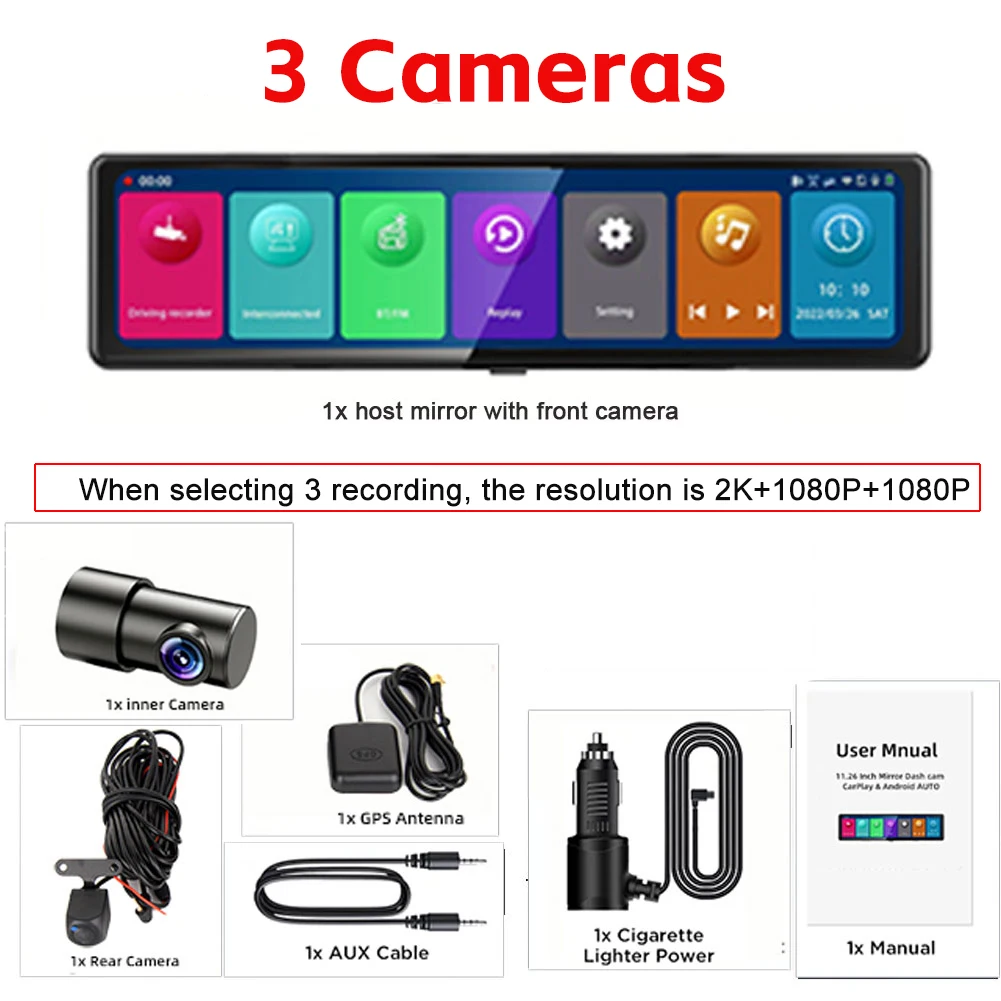 

Видеорегистратор с 3 камерами, 1080P, автомобильное зеркало, запись видео, Carplay и Android, автоматическое беспроводное соединение, WiFi, Miracast, GPS-навигация, видеорегистраторы