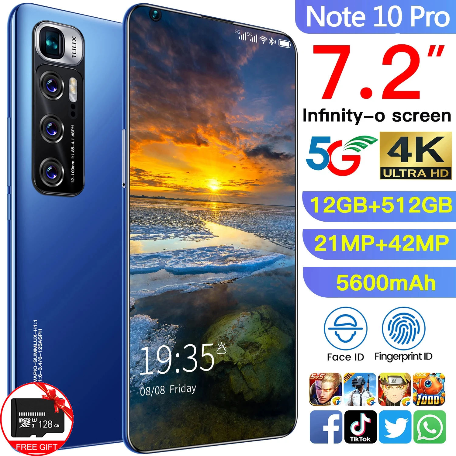 

Смартфон Note10 Pro, 7,2 дюйма, планшетофон 21 + 42 Мп 16 + 512 ГБ, планшетофон с поддержкой Google GPS