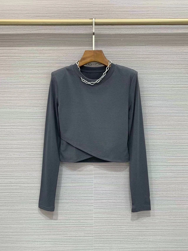 

2022 new women fashion long sleeve sexy chain collar shoulder pad short all-match T-shirt top 806