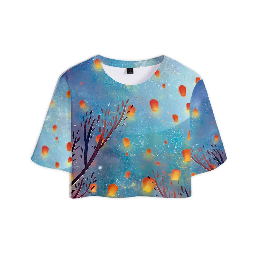 

2022 New Women's T-Shirt Summer College Fashion Galaxy Print Chic Luxury Girl Top Sexy Navel Short Sleeve Cartoon Casual Clothes