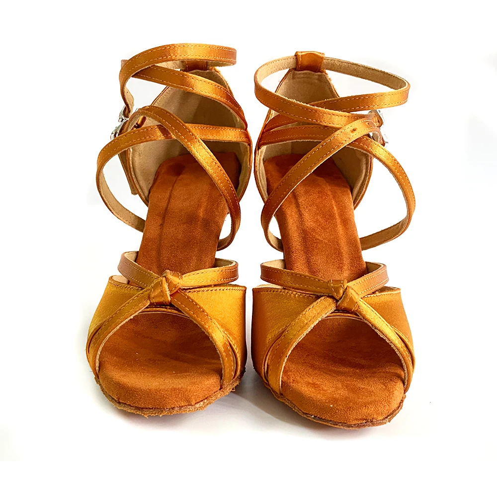 Social Dancing Party Shoes High Quality Made Tan Color Satin Indoor Latin Ballroom Salsa Suede Outsole Dance Shoes For Women