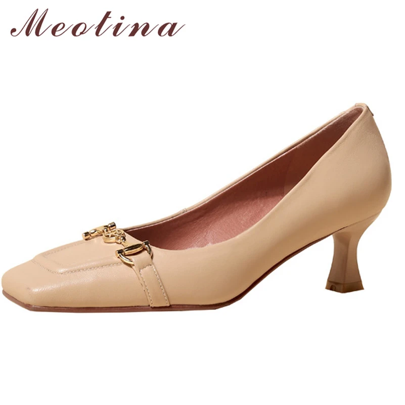 

Meotina Genuine Leather Women Fashion Shoes Thin Heels Pumps Square Toe Metal Decoration Mid Heel Ladies Footwear Spring White