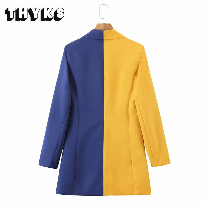 2022 autumn women's fashion blue and yellow stitching loose suit jacket women temperament double-breasted stitching jacket suit images - 2