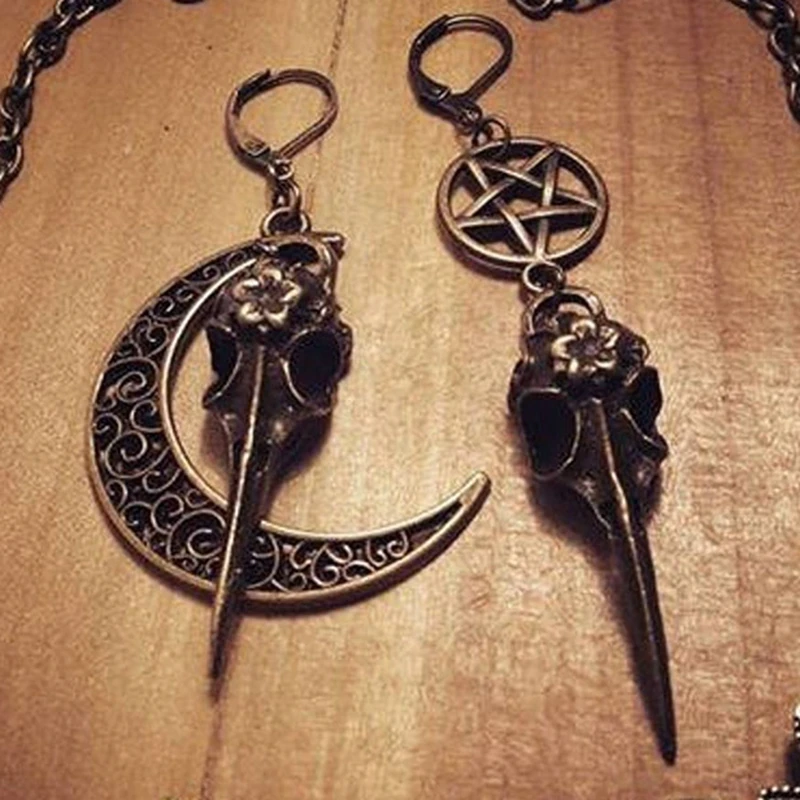 

Vintage Asymmetric Earrings Crow Skull Earring Pentagram Moon Witchy Crescent Moon Earrings,Wiccan Goth Pagan,Steampunk Jewelry