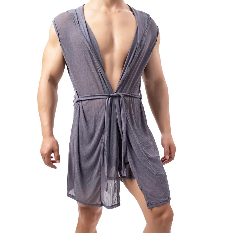 Men Bathrobe Pajamas Suit Sexy See Through Underwear Sleep Tops Home Wear Casual Loose Silky Hooded Frenulum Sleepwear Kimono