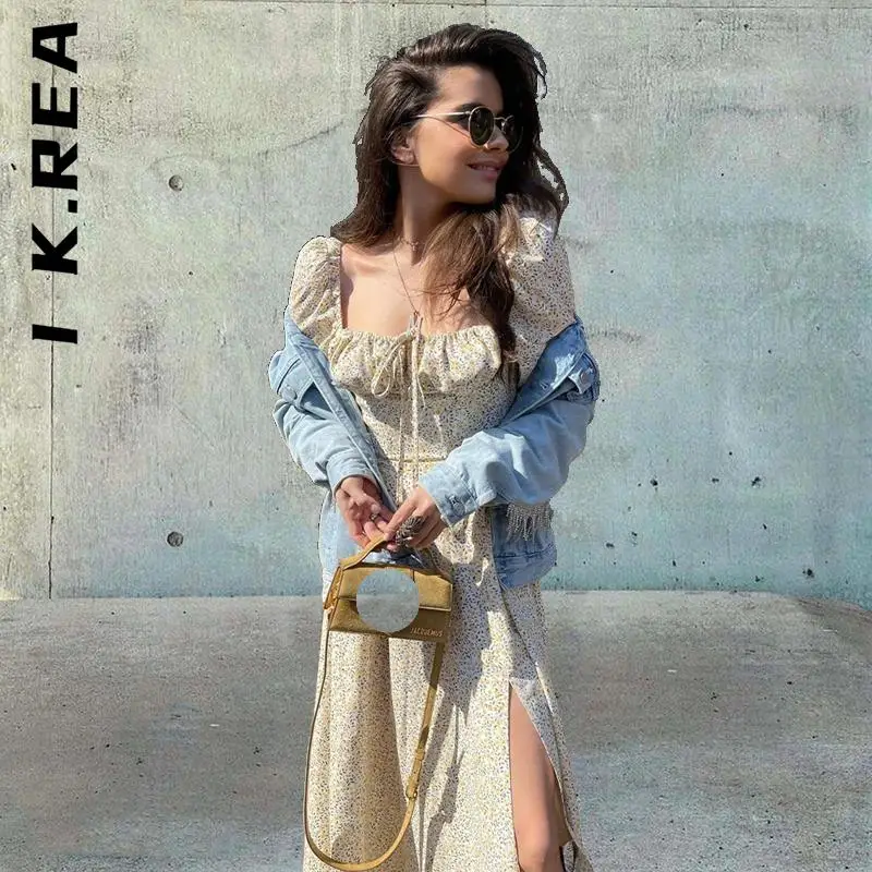 Женское платье макси с длинным рукавом рюшами и разрезом на завязках |