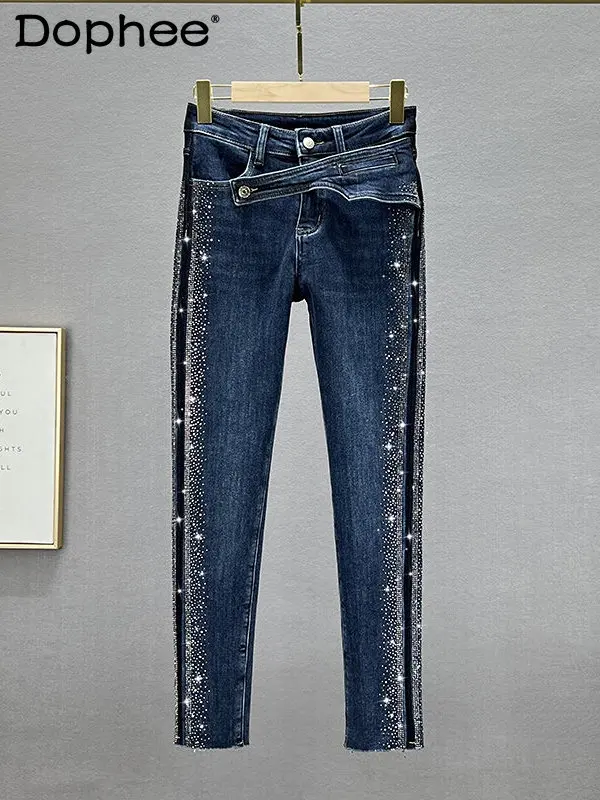 

European Skinny Jeans Women's Brushed Winter Wear New High Waist Slim Fit Heavy Embroidery Hot Drilling Pencil Pants Jean