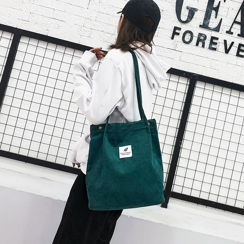 

Women Corduroy Shoulder Shopping Bags Reusable Casual Outdoor Party Tote New Female Bag Handbags with Button Eco Organizer